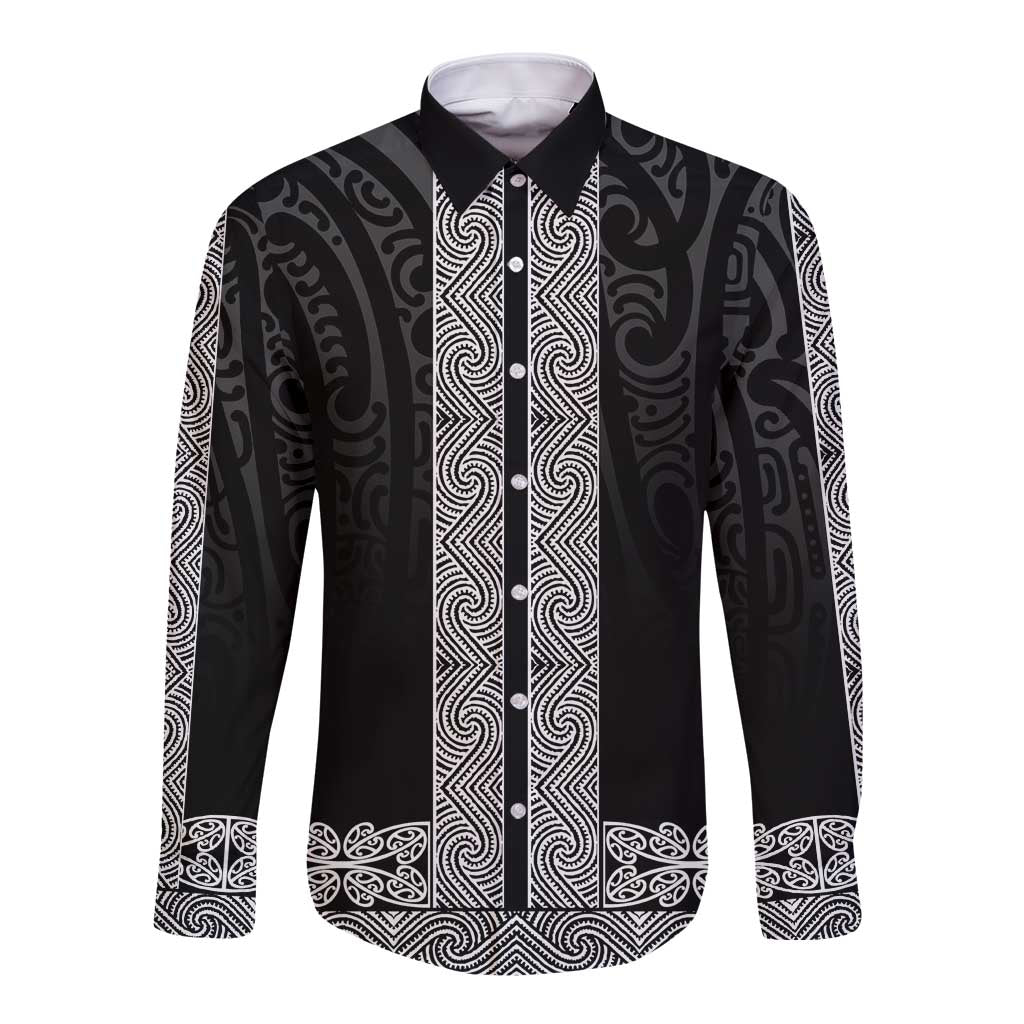 New Zealand Maori Kowhaiwhai Long Sleeve Button Shirt Pango Maui and Mangopare LT9 Unisex Black - Polynesian Pride