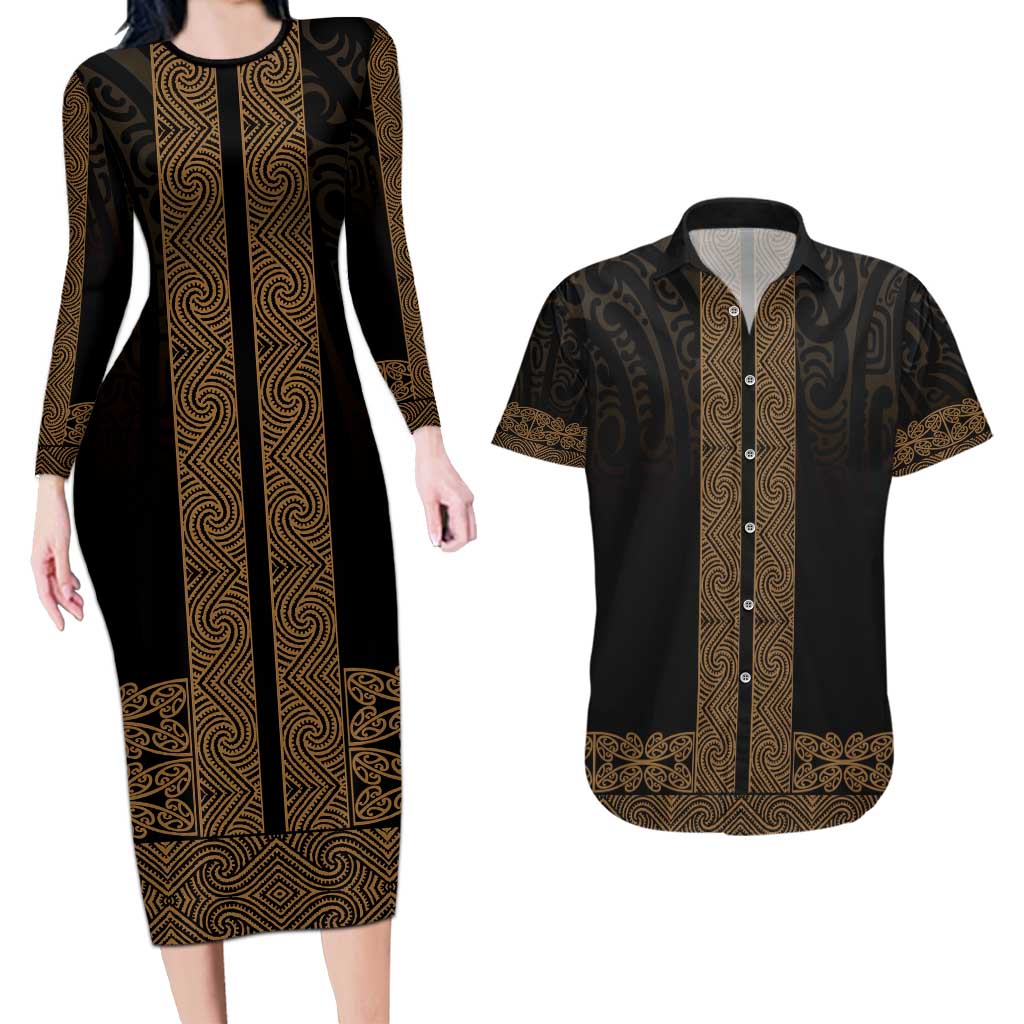 New Zealand Maori Kowhaiwhai Couples Matching Long Sleeve Bodycon Dress and Hawaiian Shirt Parauri Maui and Mangopare