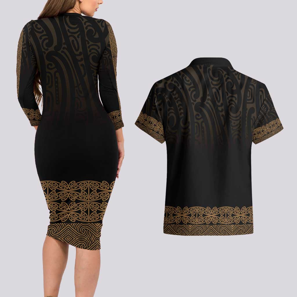 New Zealand Maori Kowhaiwhai Couples Matching Long Sleeve Bodycon Dress and Hawaiian Shirt Parauri Maui and Mangopare