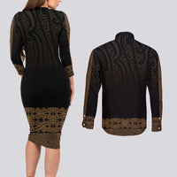 New Zealand Maori Kowhaiwhai Couples Matching Long Sleeve Bodycon Dress and Long Sleeve Button Shirt Parauri Maui and Mangopare LT9 - Polynesian Pride