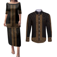 New Zealand Maori Kowhaiwhai Couples Matching Puletasi and Long Sleeve Button Shirt Parauri Maui and Mangopare