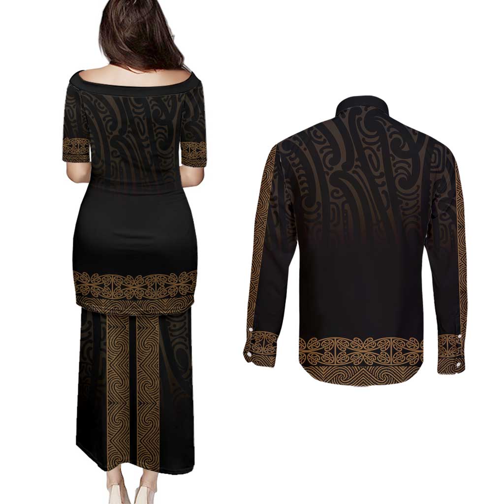 New Zealand Maori Kowhaiwhai Couples Matching Puletasi and Long Sleeve Button Shirt Parauri Maui and Mangopare