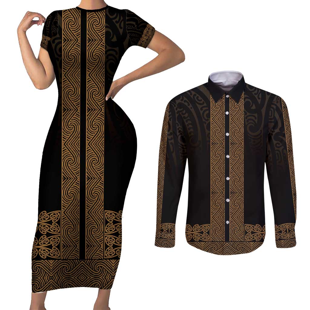 New Zealand Maori Kowhaiwhai Couples Matching Short Sleeve Bodycon Dress and Long Sleeve Button Shirt Parauri Maui and Mangopare LT9 Brown - Polynesian Pride