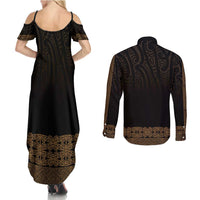 New Zealand Maori Kowhaiwhai Couples Matching Summer Maxi Dress and Long Sleeve Button Shirt Parauri Maui and Mangopare LT9 - Polynesian Pride