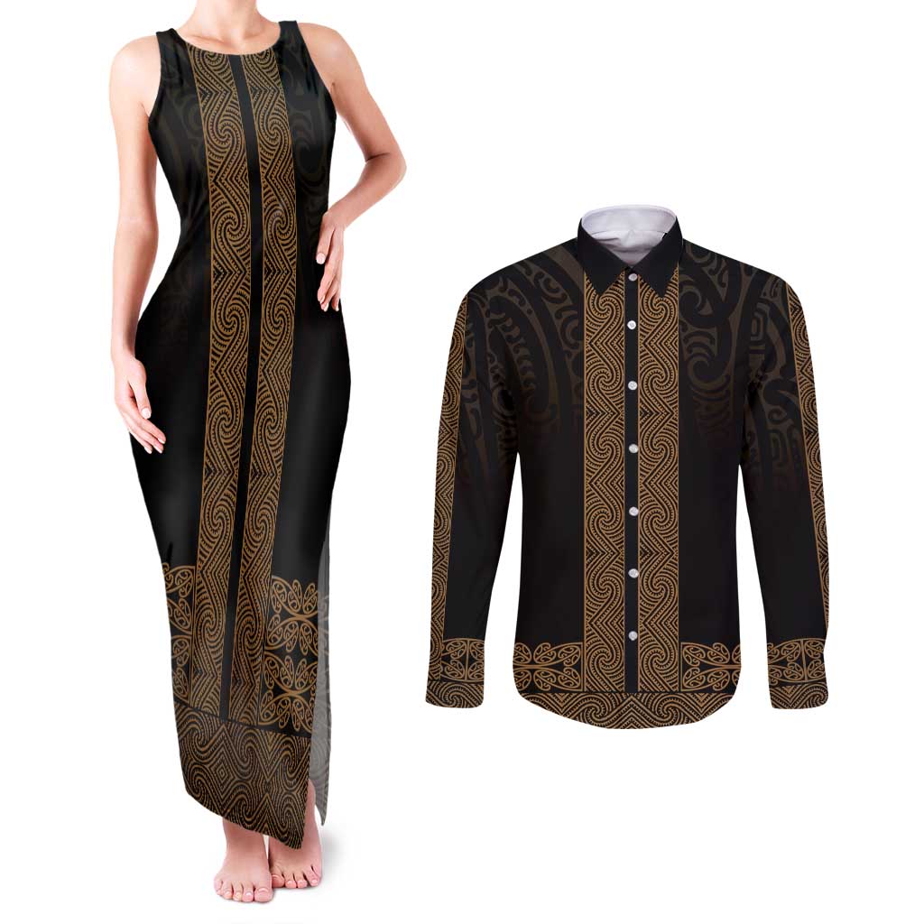 New Zealand Maori Kowhaiwhai Couples Matching Tank Maxi Dress and Long Sleeve Button Shirt Parauri Maui and Mangopare LT9 Brown - Polynesian Pride