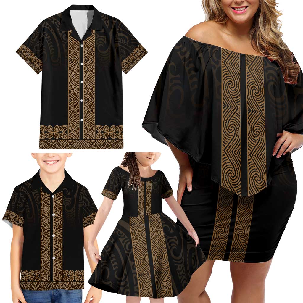 New Zealand Maori Kowhaiwhai Family Matching Off Shoulder Short Dress and Hawaiian Shirt Parauri Maui and Mangopare