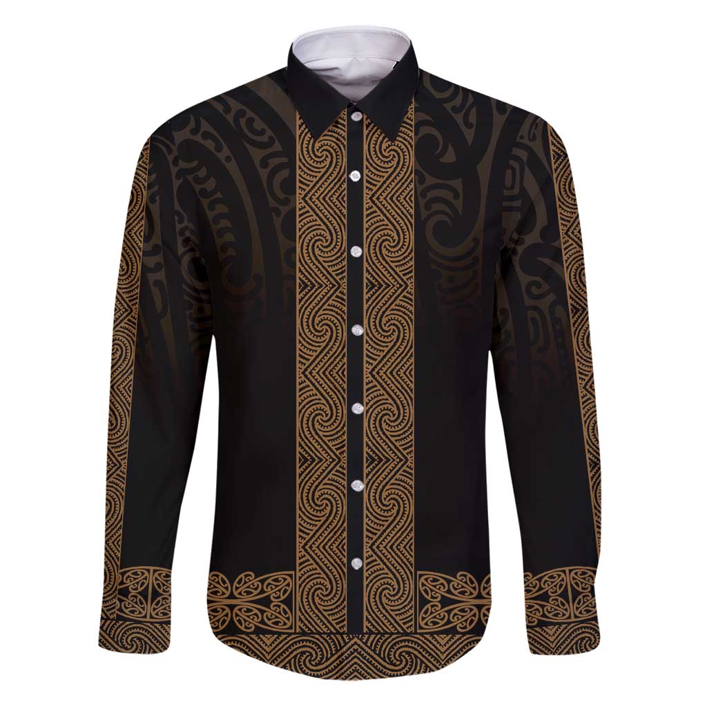 New Zealand Maori Kowhaiwhai Family Matching Puletasi and Hawaiian Shirt Parauri Maui and Mangopare LT9 Dad's Shirt - Long Sleeve Brown - Polynesian Pride