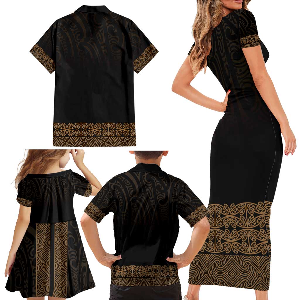 New Zealand Maori Kowhaiwhai Family Matching Short Sleeve Bodycon Dress and Hawaiian Shirt Parauri Maui and Mangopare