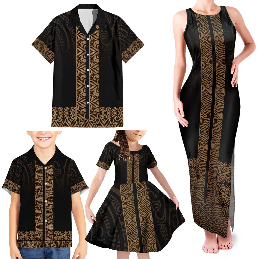 New Zealand Maori Kowhaiwhai Family Matching Tank Maxi Dress and Hawaiian Shirt Parauri Maui and Mangopare