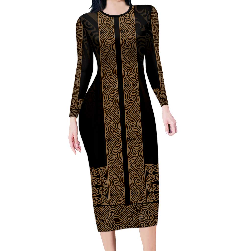 New Zealand Maori Kowhaiwhai Long Sleeve Bodycon Dress Parauri Maui and Mangopare