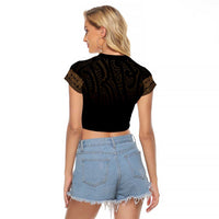 New Zealand Maori Kowhaiwhai Raglan Cropped T Shirt Parauri Maui and Mangopare