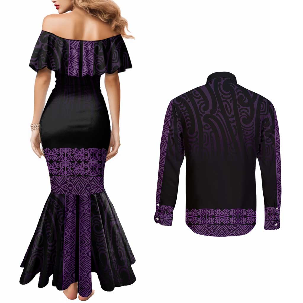 New Zealand Maori Kowhaiwhai Couples Matching Mermaid Dress and Long Sleeve Button Shirt Waiporoporo Maui and Mangopare LT9 - Polynesian Pride