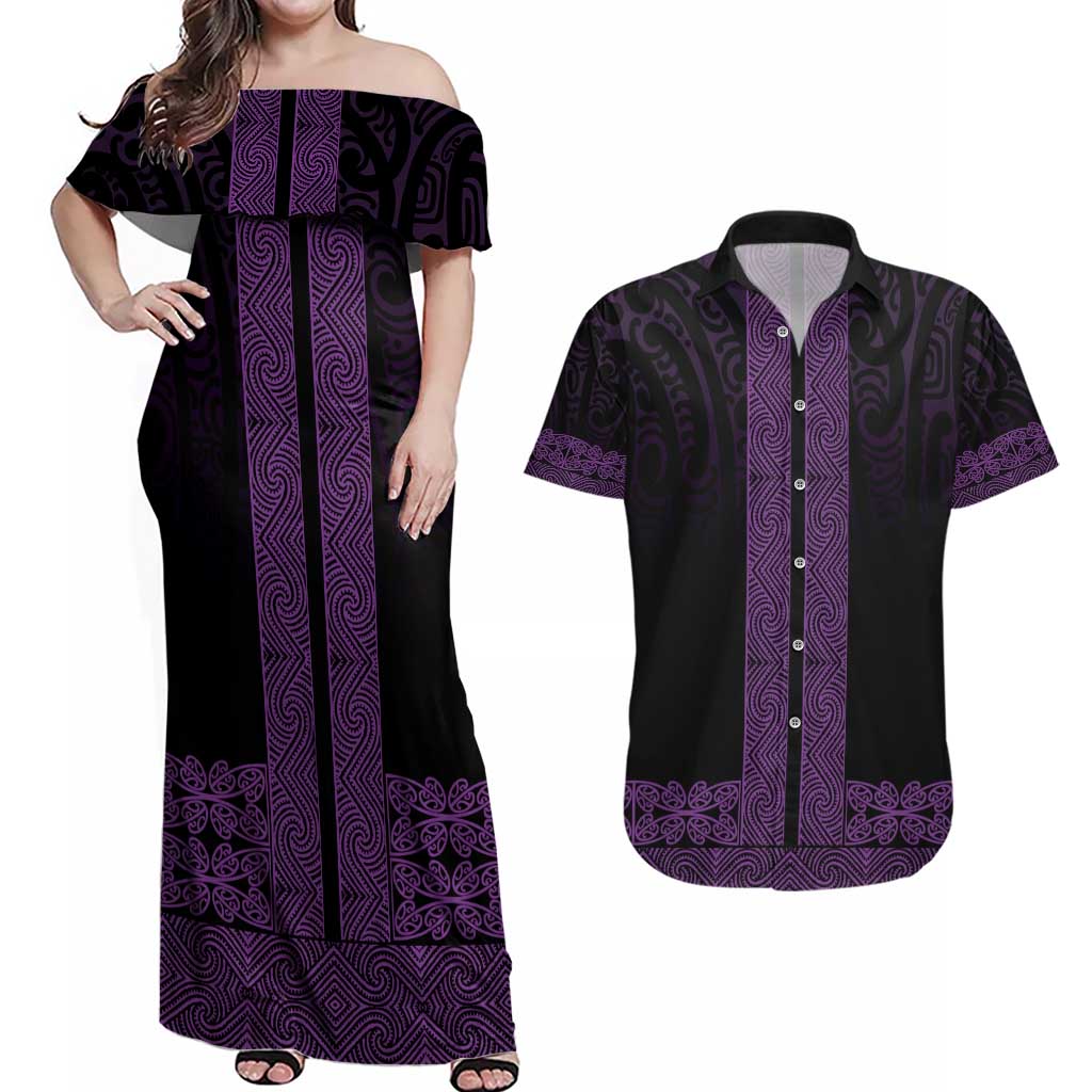 New Zealand Maori Kowhaiwhai Couples Matching Off Shoulder Maxi Dress and Hawaiian Shirt Waiporoporo Maui and Mangopare