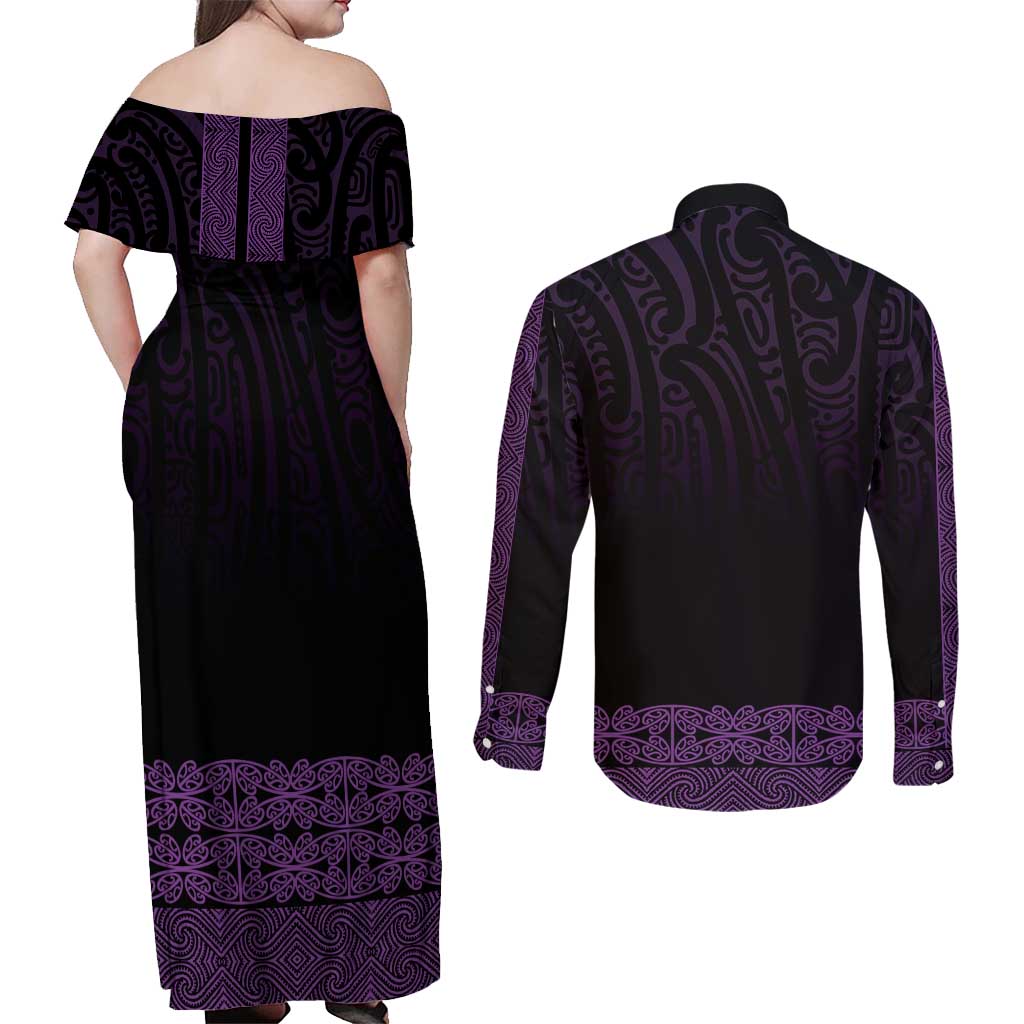 New Zealand Maori Kowhaiwhai Couples Matching Off Shoulder Maxi Dress and Long Sleeve Button Shirt Waiporoporo Maui and Mangopare LT9 - Polynesian Pride