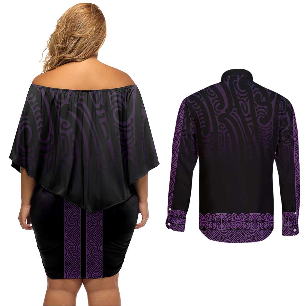 New Zealand Maori Kowhaiwhai Couples Matching Off Shoulder Short Dress and Long Sleeve Button Shirt Waiporoporo Maui and Mangopare LT9 - Polynesian Pride