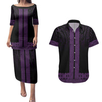 New Zealand Maori Kowhaiwhai Couples Matching Puletasi and Hawaiian Shirt Waiporoporo Maui and Mangopare LT9 Purple - Polynesian Pride