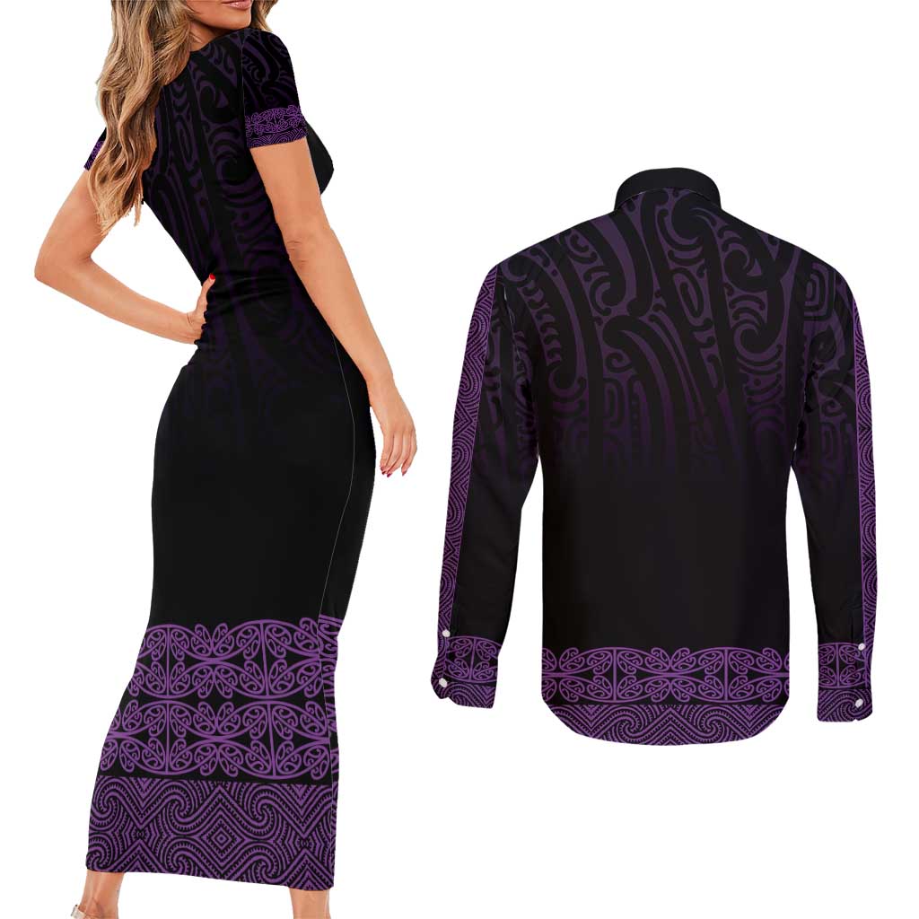 New Zealand Maori Kowhaiwhai Couples Matching Short Sleeve Bodycon Dress and Long Sleeve Button Shirt Waiporoporo Maui and Mangopare LT9 - Polynesian Pride