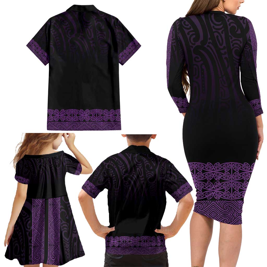 New Zealand Maori Kowhaiwhai Family Matching Long Sleeve Bodycon Dress and Hawaiian Shirt Waiporoporo Maui and Mangopare