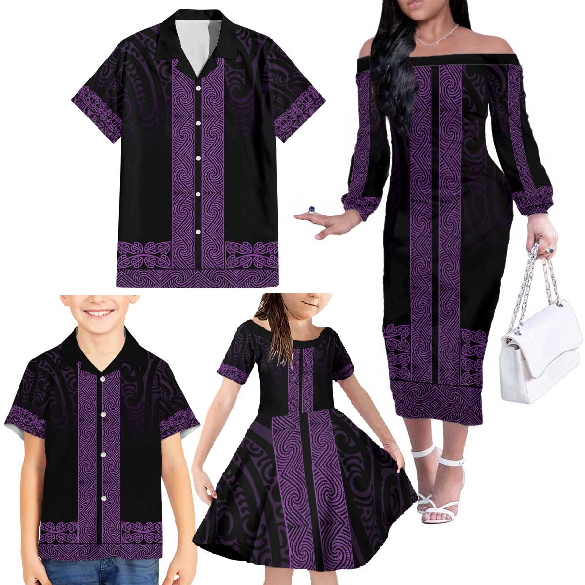 New Zealand Maori Kowhaiwhai Family Matching Off The Shoulder Long Sleeve Dress and Hawaiian Shirt Waiporoporo Maui and Mangopare