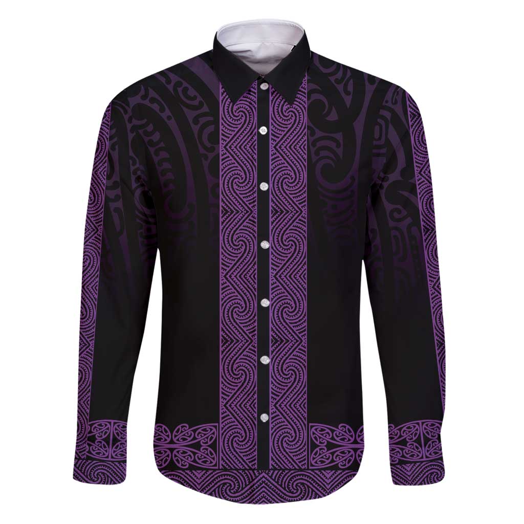 New Zealand Maori Kowhaiwhai Family Matching Puletasi and Hawaiian Shirt Waiporoporo Maui and Mangopare LT9 Dad's Shirt - Long Sleeve Purple - Polynesian Pride
