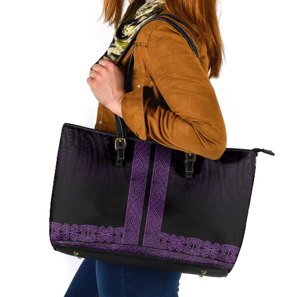 New Zealand Maori Kowhaiwhai Leather Tote Bag Waiporoporo Maui and Mangopare LT9 Purple - Polynesian Pride