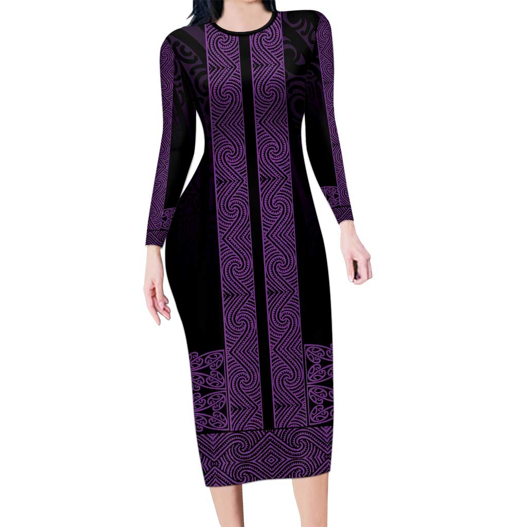 New Zealand Maori Kowhaiwhai Long Sleeve Bodycon Dress Waiporoporo Maui and Mangopare