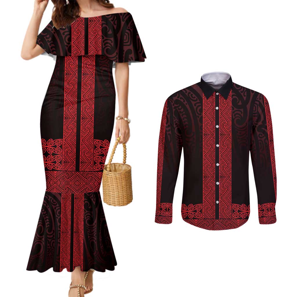 New Zealand Maori Kowhaiwhai Couples Matching Mermaid Dress and Long Sleeve Button Shirt Whero Maui and Mangopare LT9 Red - Polynesian Pride