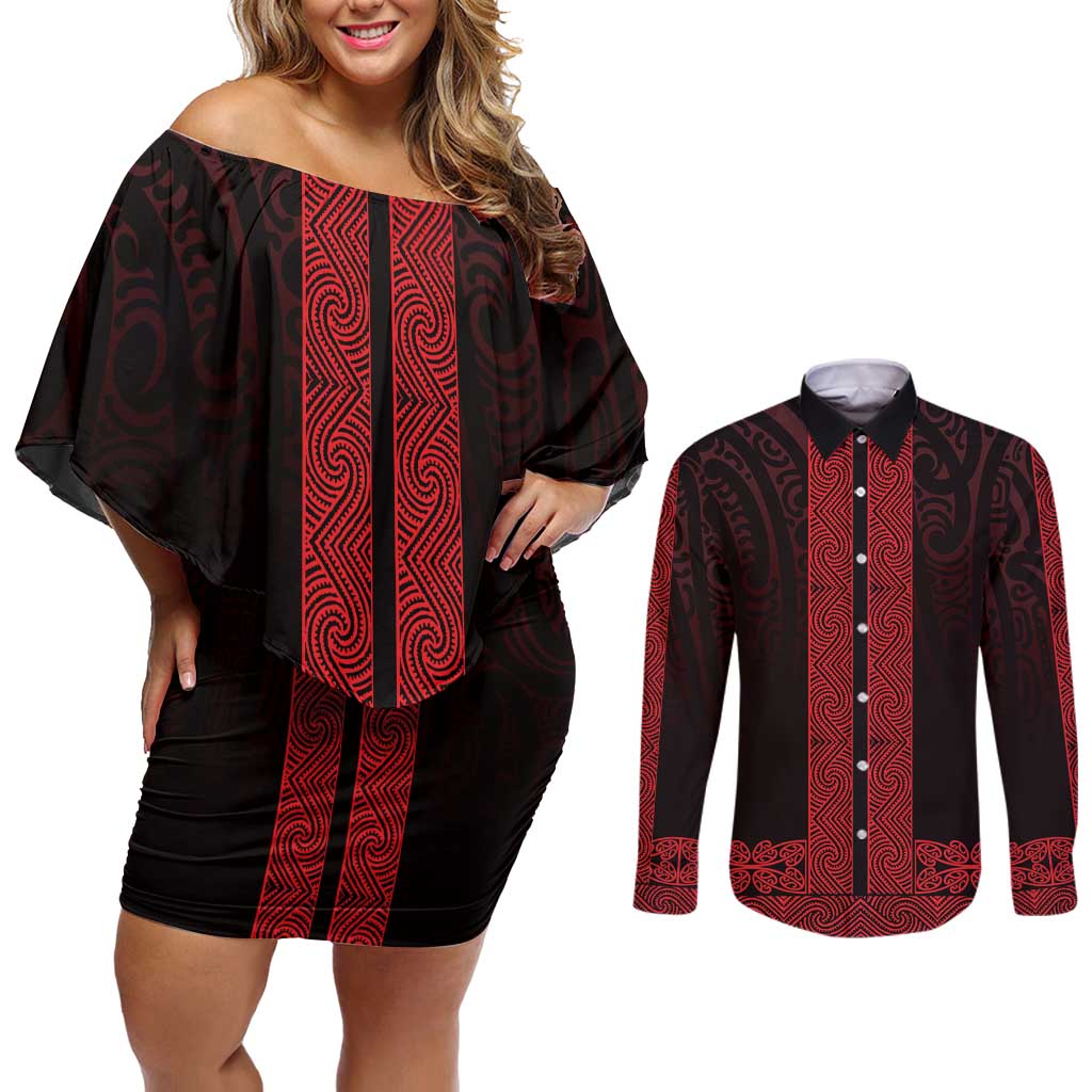 New Zealand Maori Kowhaiwhai Couples Matching Off Shoulder Short Dress and Long Sleeve Button Shirt Whero Maui and Mangopare LT9 Red - Polynesian Pride