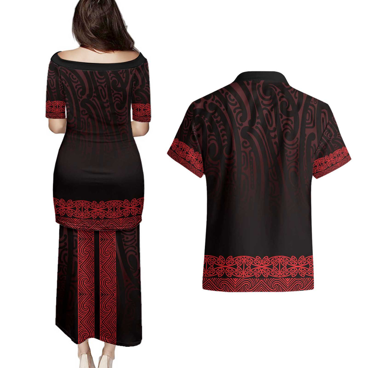 New Zealand Maori Kowhaiwhai Couples Matching Puletasi and Hawaiian Shirt Whero Maui and Mangopare LT9 - Polynesian Pride
