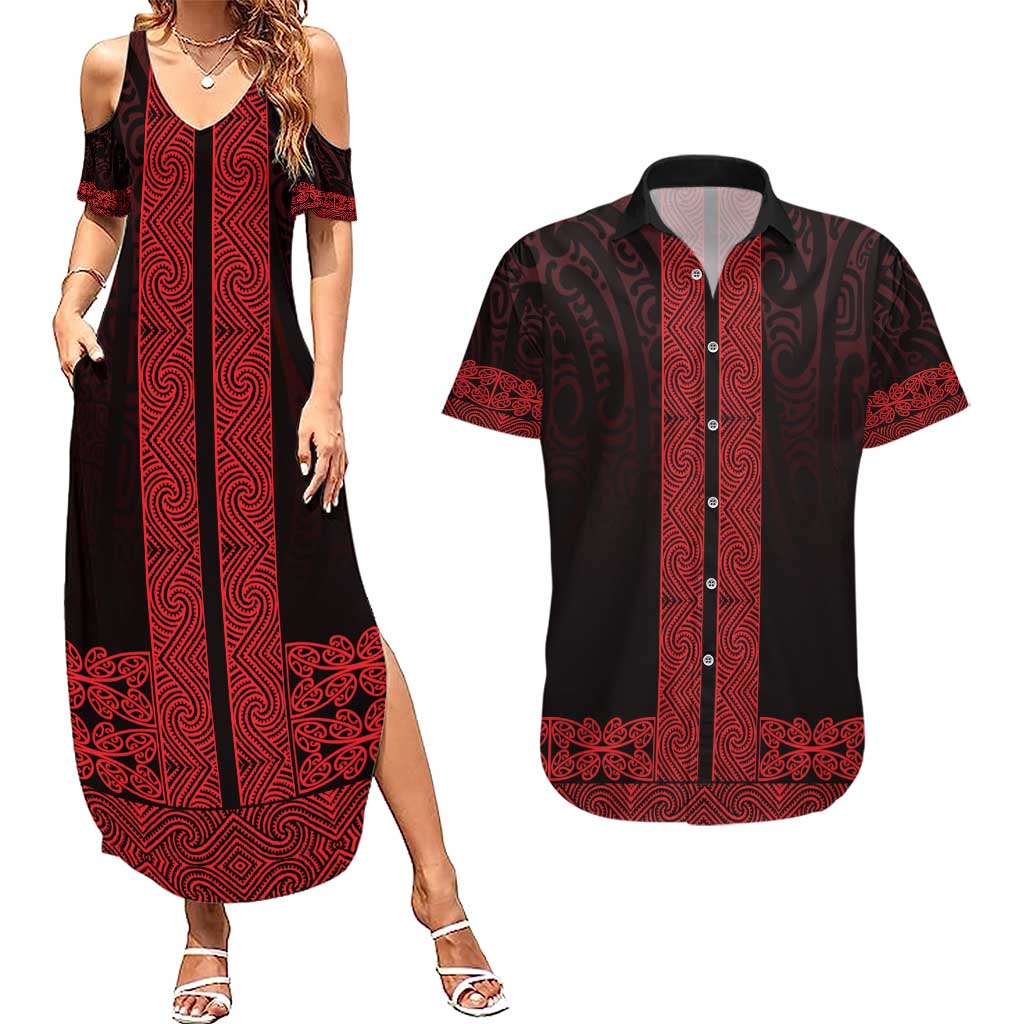 New Zealand Maori Kowhaiwhai Couples Matching Summer Maxi Dress and Hawaiian Shirt Whero Maui and Mangopare