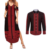 New Zealand Maori Kowhaiwhai Couples Matching Summer Maxi Dress and Long Sleeve Button Shirt Whero Maui and Mangopare LT9 Red - Polynesian Pride