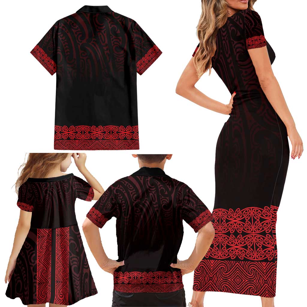 New Zealand Maori Kowhaiwhai Family Matching Short Sleeve Bodycon Dress and Hawaiian Shirt Whero Maui and Mangopare