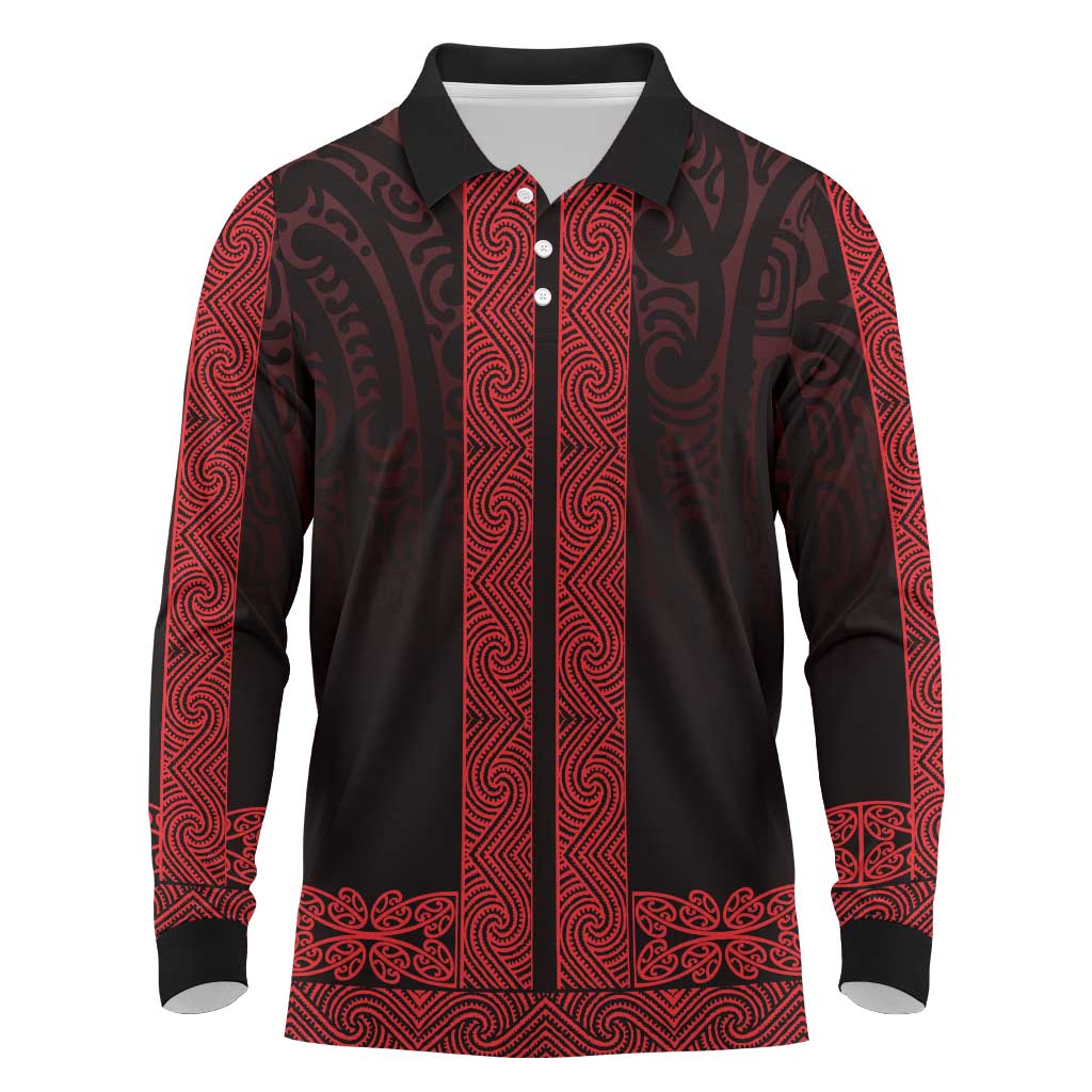 New Zealand Maori Kowhaiwhai Long Sleeve Polo Shirt Whero Maui and Mangopare