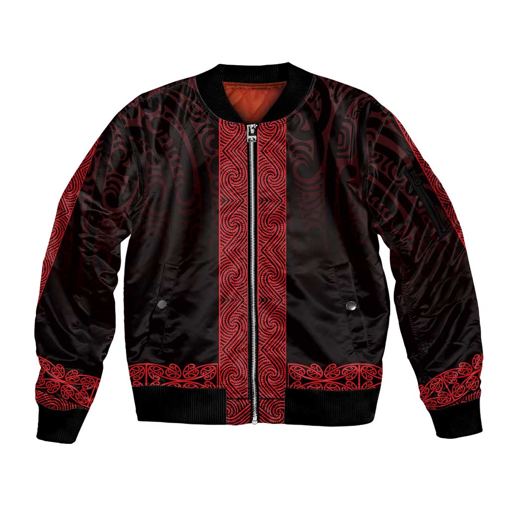 New Zealand Maori Kowhaiwhai Sleeve Zip Bomber Jacket Whero Maui and Mangopare LT9 Unisex Red - Polynesian Pride