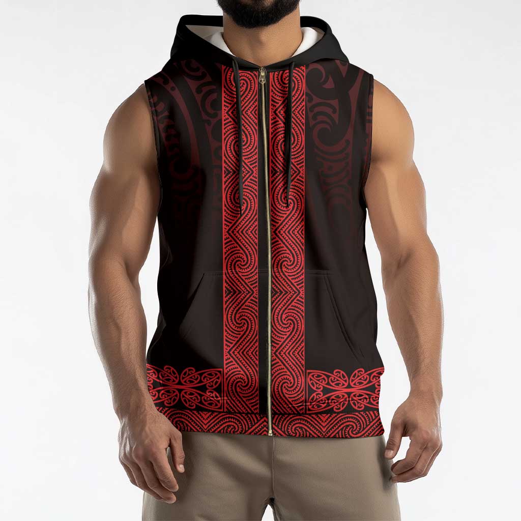 New Zealand Maori Kowhaiwhai Sleeveless Zip Hoodie Whero Maui and Mangopare - Polynesian Pride