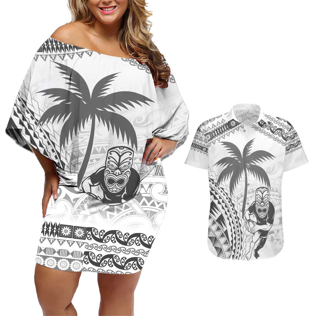 Custom Fiji Black Fern Couples Matching Off Shoulder Short Dress and Hawaiian Shirt Maori Warroir with Fijian Masi Pattern