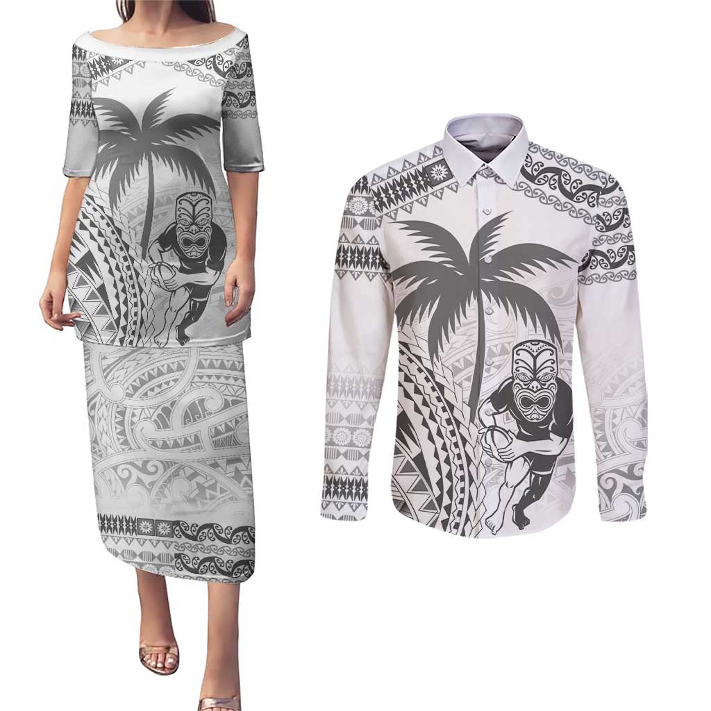 Custom Fiji Black Fern Couples Matching Puletasi and Long Sleeve Button Shirt Maori Warroir with Fijian Masi Pattern