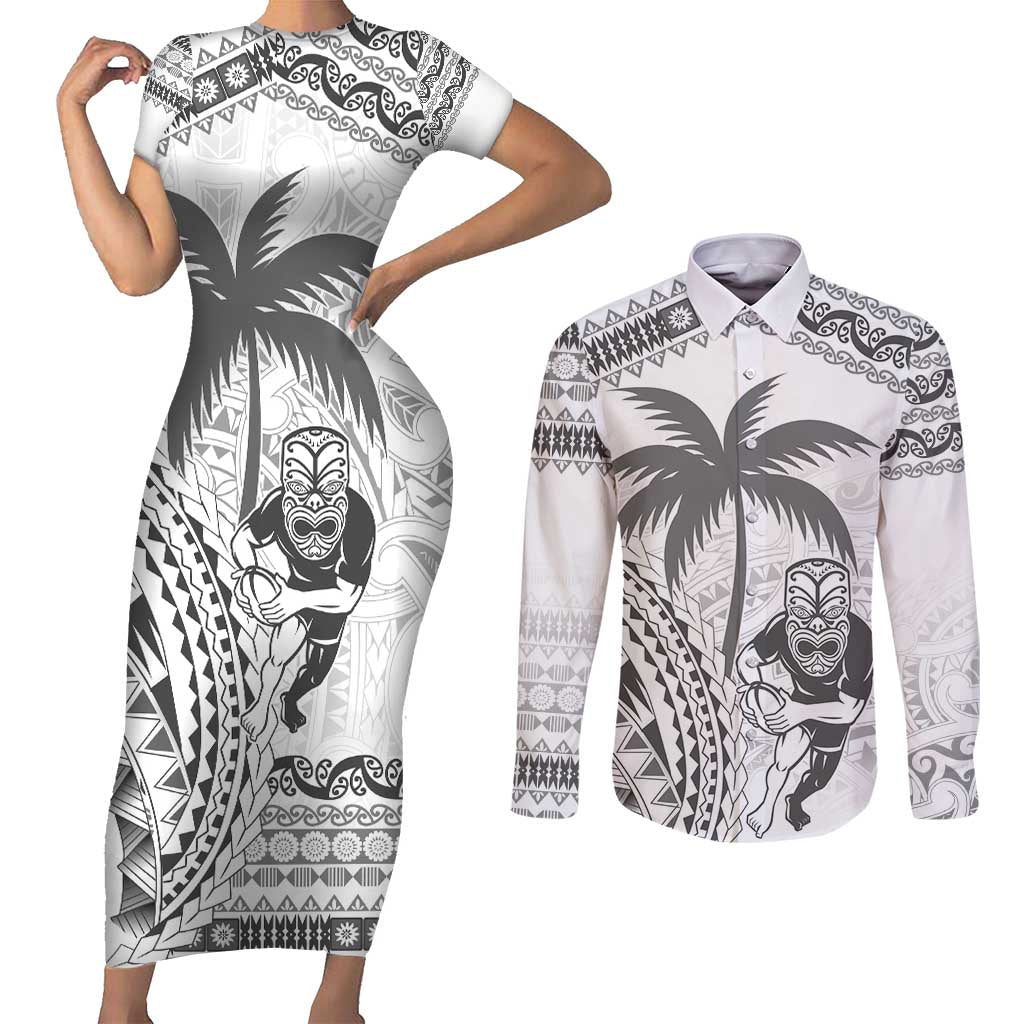 Custom Fiji Black Fern Couples Matching Short Sleeve Bodycon Dress and Long Sleeve Button Shirt Maori Warroir with Fijian Masi Pattern