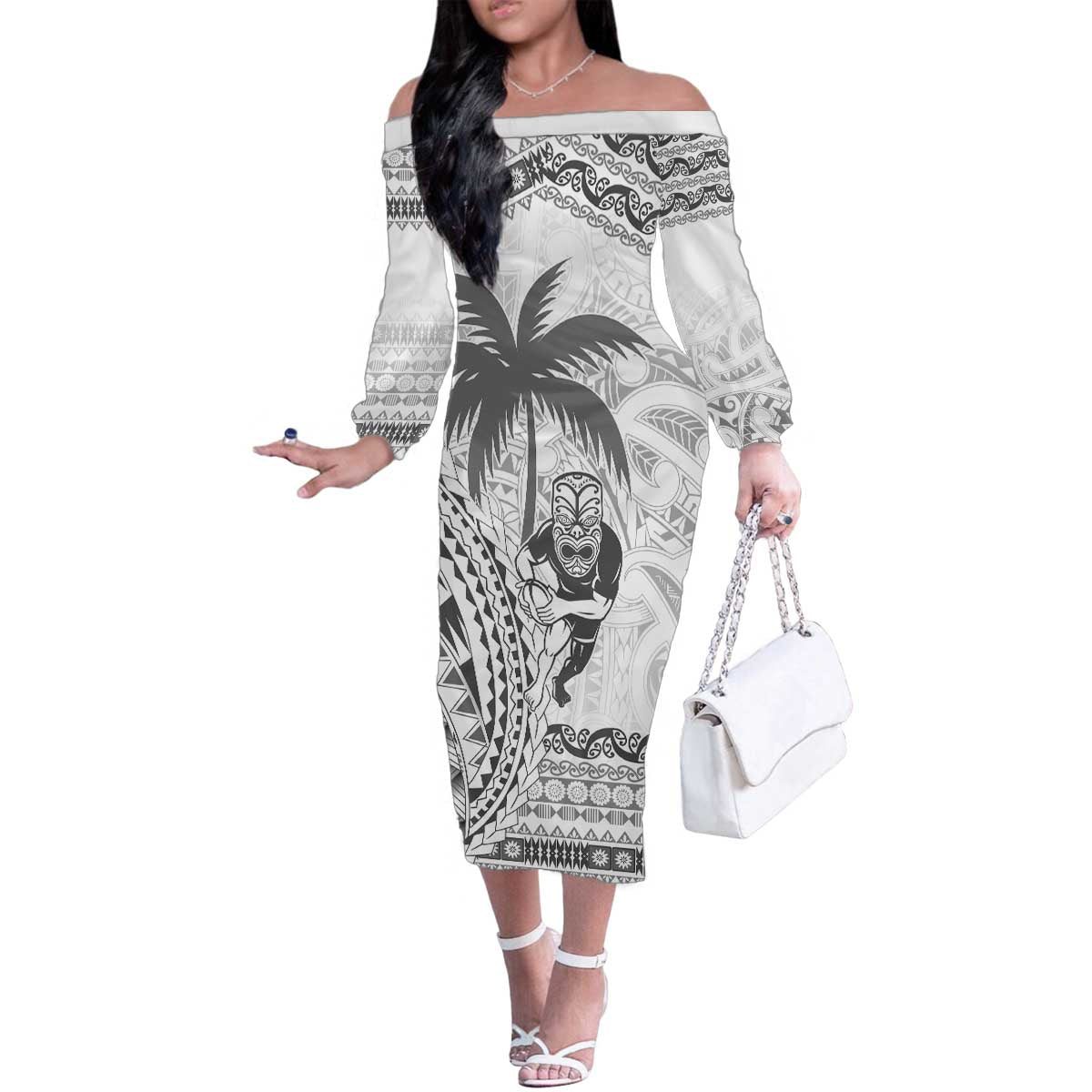 Custom Fiji Black Fern Family Matching Off The Shoulder Long Sleeve Dress and Hawaiian Shirt Maori Warroir with Fijian Masi Pattern
