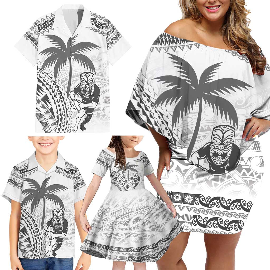 Custom Fiji Black Fern Family Matching Off Shoulder Short Dress and Hawaiian Shirt Maori Warroir with Fijian Masi Pattern