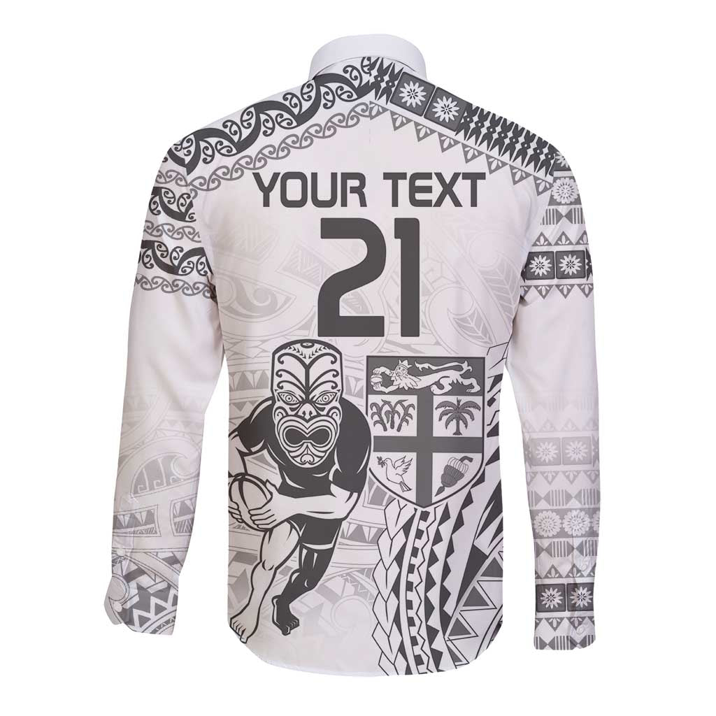 Custom Fiji Black Fern Long Sleeve Button Shirt Maori Warroir with Fijian Masi Pattern