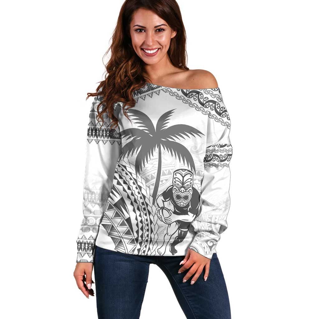 Custom Fiji Black Fern Off Shoulder Sweater Maori Warroir with Fijian Masi Pattern