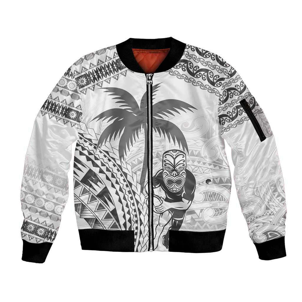 Custom Fiji Black Fern Sleeve Zip Bomber Jacket Maori Warroir with Fijian Masi Pattern