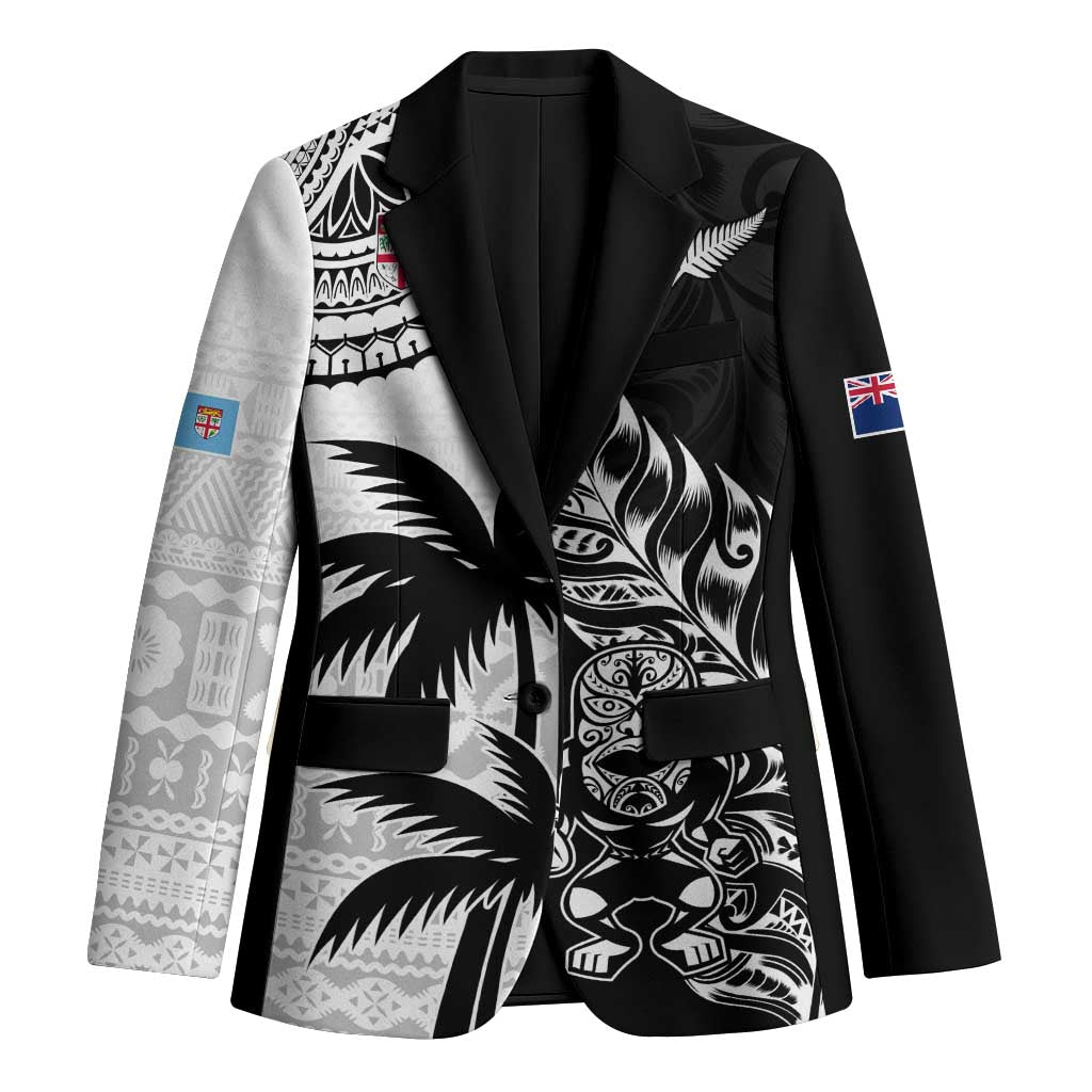 Fiji New Zealand Rugby Personalised Blazer Maori and Tapa Pattern LT9 Unisex Black - Polynesian Pride