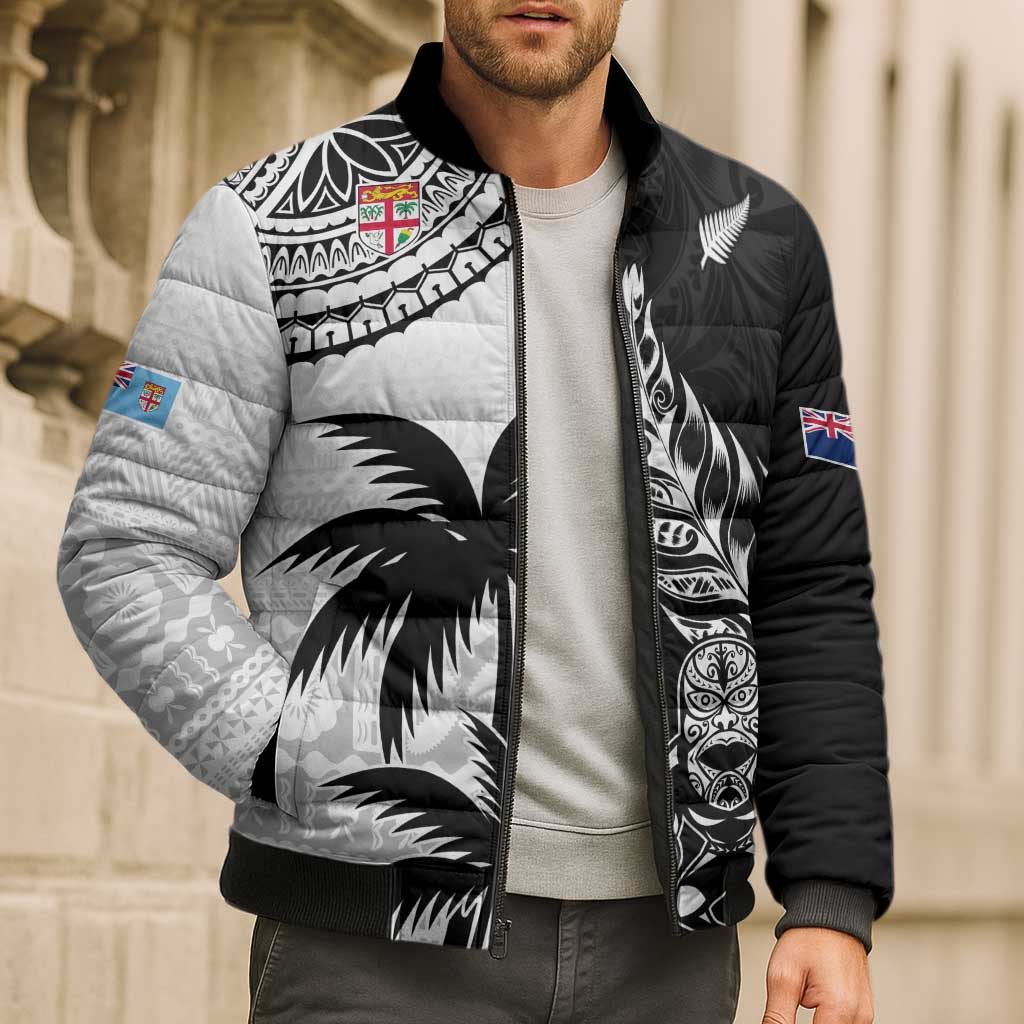 Fiji New Zealand Rugby Personalised Bomber Puffer Jacket Maori and Tapa Pattern - Polynesian Pride