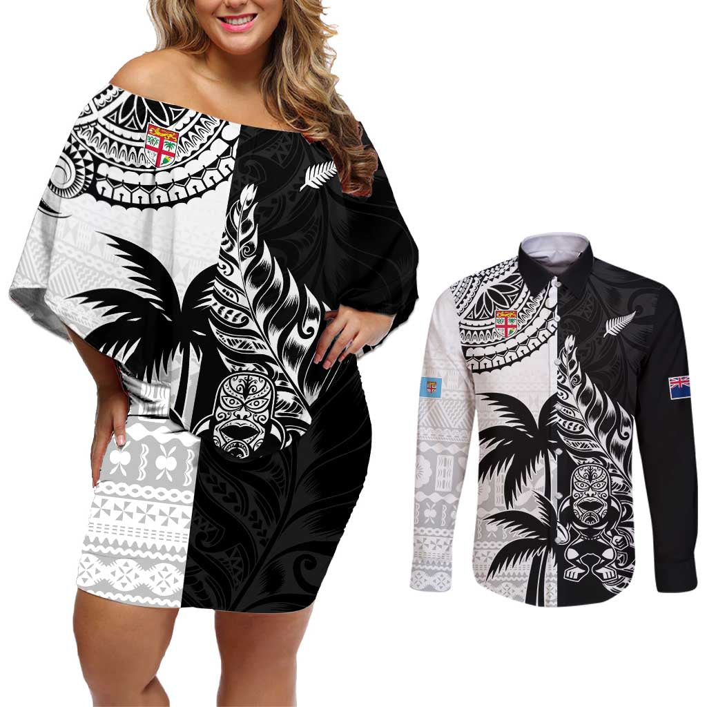 Custom Fiji New Zealand Couples Matching Off Shoulder Short Dress and Long Sleeve Button Shirt Maori mix Tapa Pattern Version