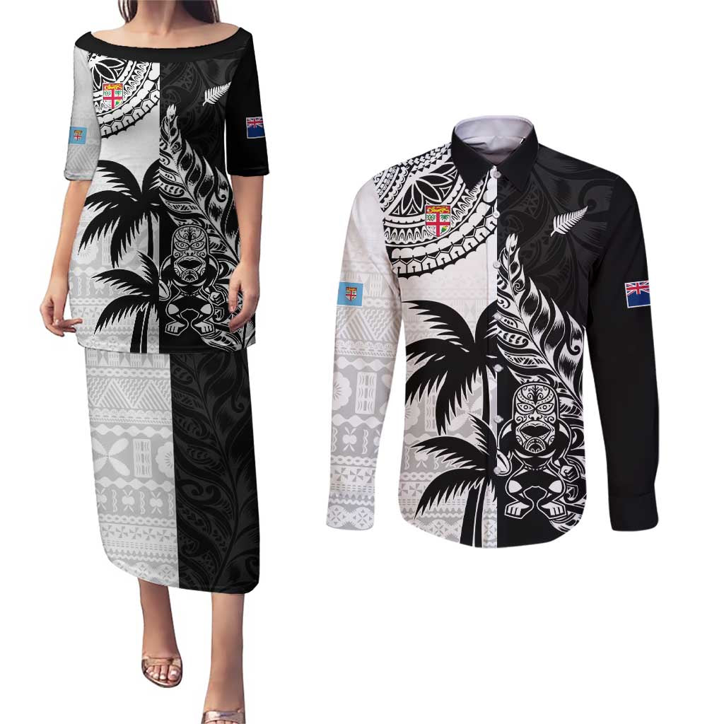 Custom Fiji New Zealand Couples Matching Puletasi and Long Sleeve Button Shirt Maori mix Tapa Pattern Version LT9 Black - Polynesian Pride