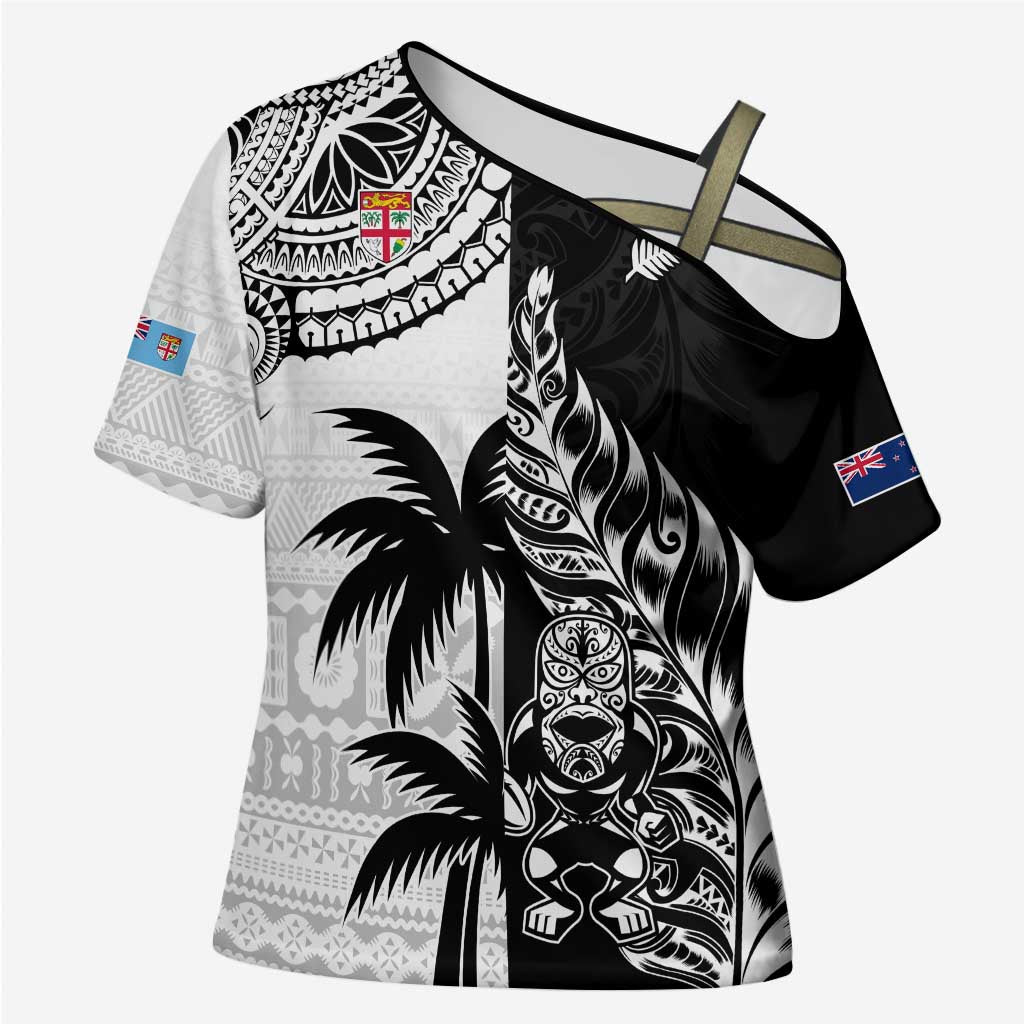 Fiji New Zealand Rugby Personalised Cross Shoulder Shirt Maori and Tapa Pattern - Polynesian Pride