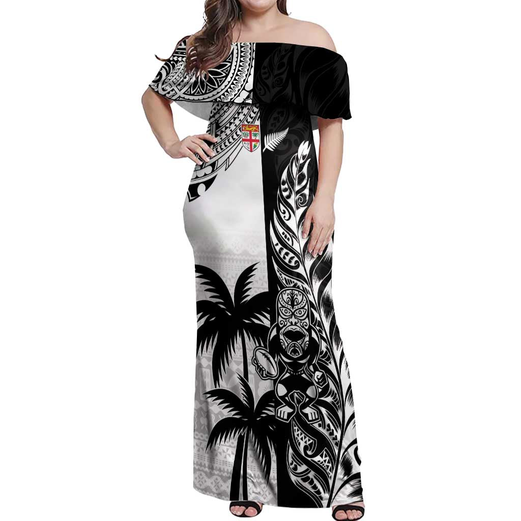 Custom Fiji New Zealand Off Shoulder Maxi Dress Maori mix Tapa Pattern Version