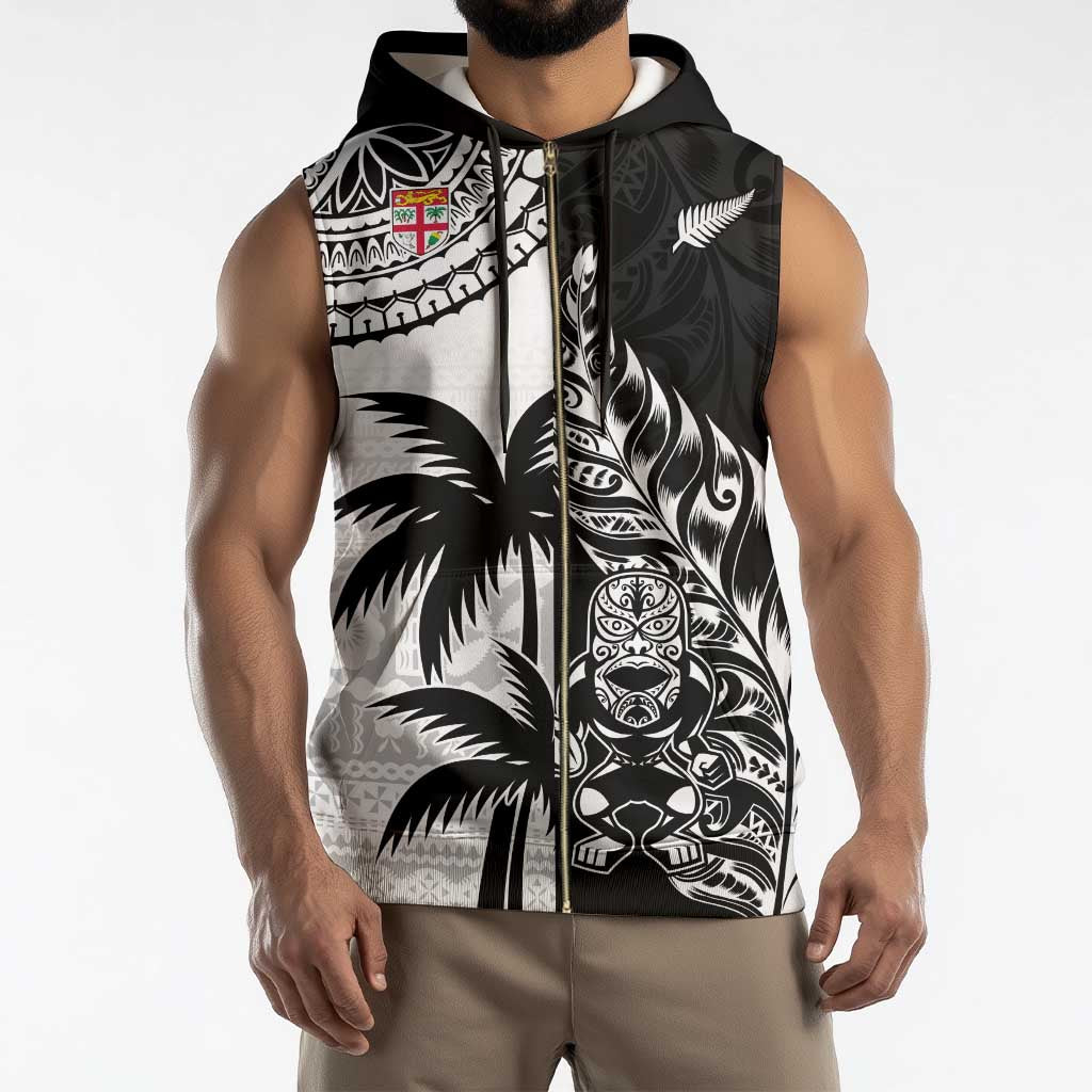 Fiji New Zealand Rugby Personalised Sleeveless Zip Hoodie Maori and Tapa Pattern - Polynesian Pride